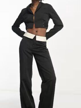 COLLUSION Wide-Leg Black Trousers White Contrast Waistband Sz 8 Streetwear Old $